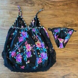 Victoria’s Secret Black & Purple Floral Lace Trim Babydoll Cami Chemise Slip Dre